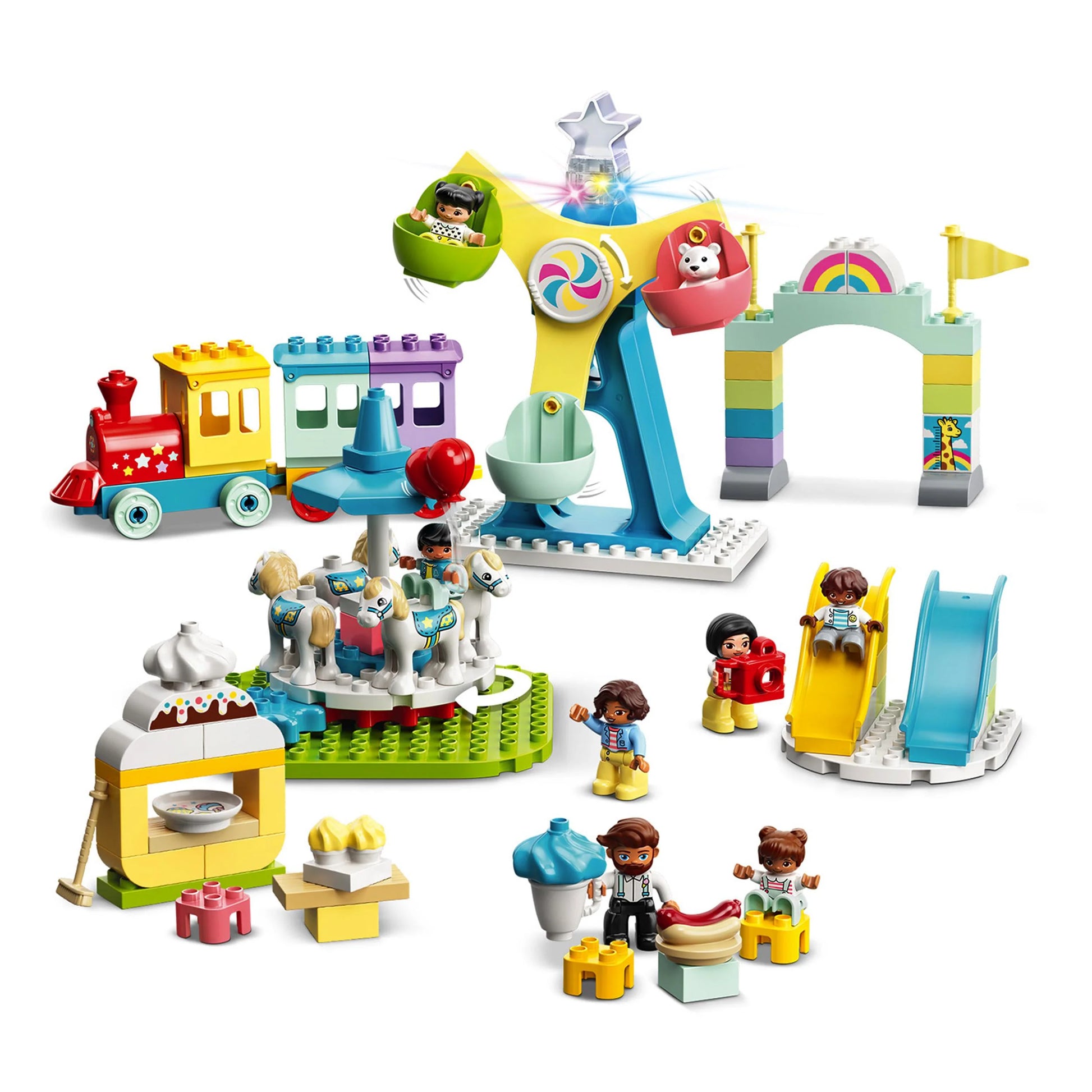 LEGO DUPLO Town Amusement Park Fairground 10956 Building Set - Featuring 7  Duplo Figures, Trains, Slides, Carousel, and a Ferris Wheel, Educational